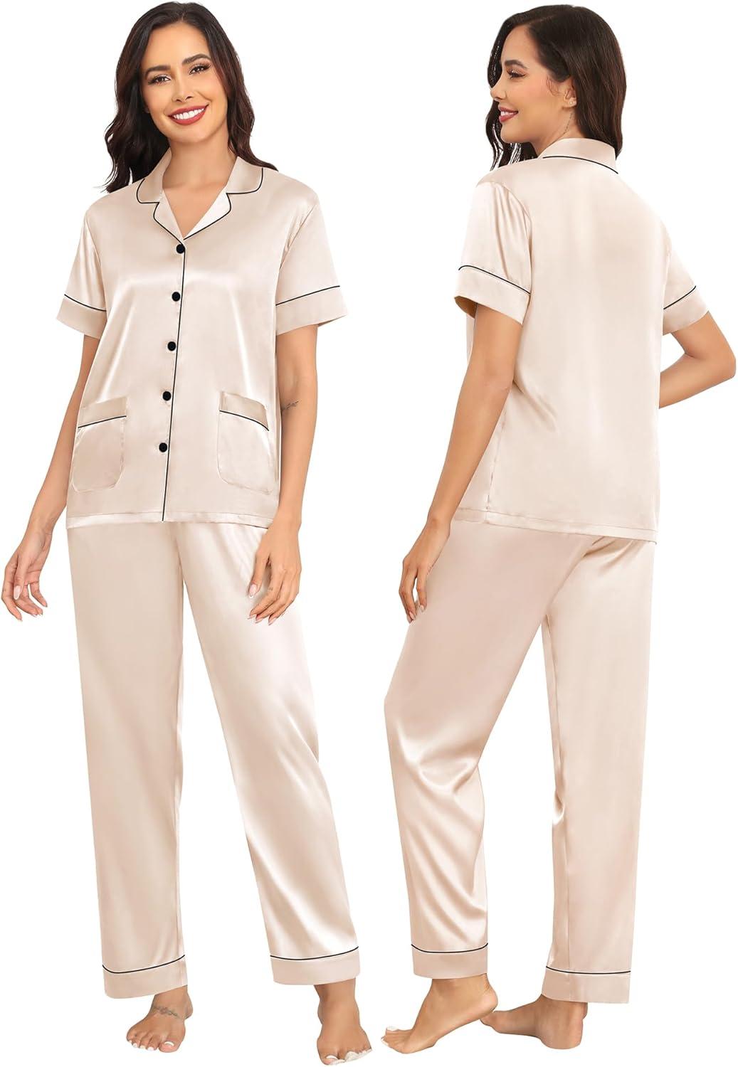 imageSWOMOG Couples Pajamas Sets Women amp Men Satin Short Sleeve Sleepwear Button Down Loungewear Pjs Set with Long PantsZ Champagne 2 Pockets