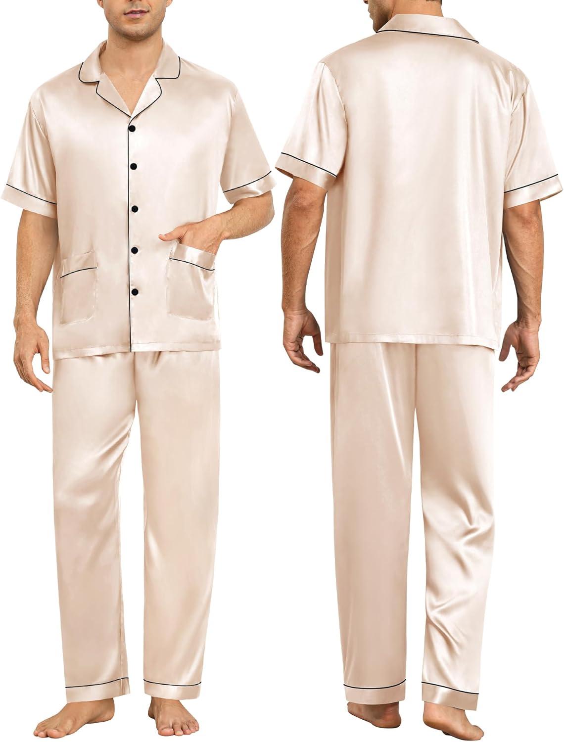 imageSWOMOG Couples Pajamas Sets Women amp Men Satin Short Sleeve Sleepwear Button Down Loungewear Pjs Set with Long PantsZ Champagne 2 Pockets