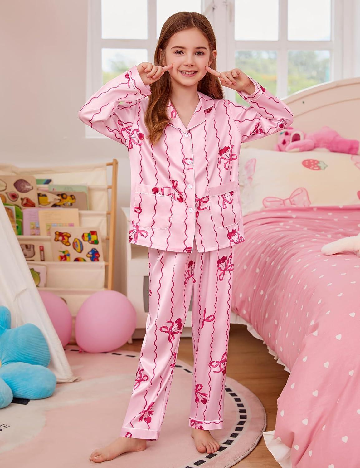 imageSWOMOG Girls Satin Pajamas Set Silk Button Down Pjs Set 2 Pieces Short Sleeve Kids Strawberry Sleepwear2pcslong Sleeve Bow