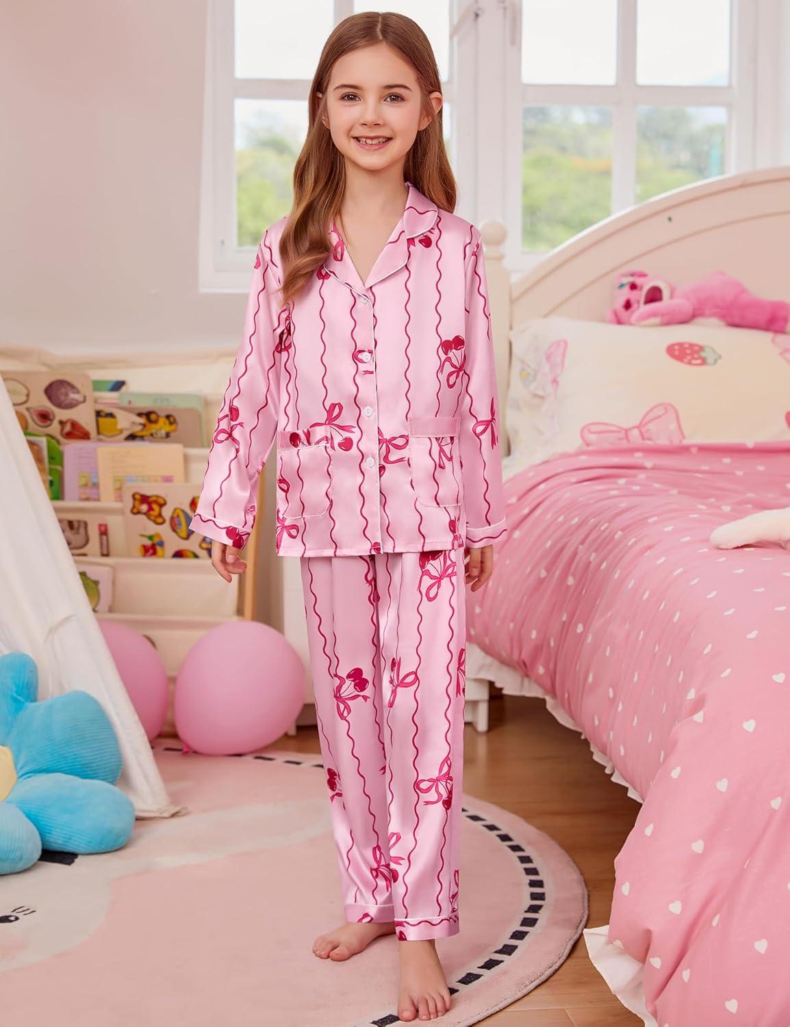 imageSWOMOG Girls Satin Pajamas Set Silk Button Down Pjs Set 2 Pieces Short Sleeve Kids Strawberry Sleepwear2pcslong Sleeve Bow