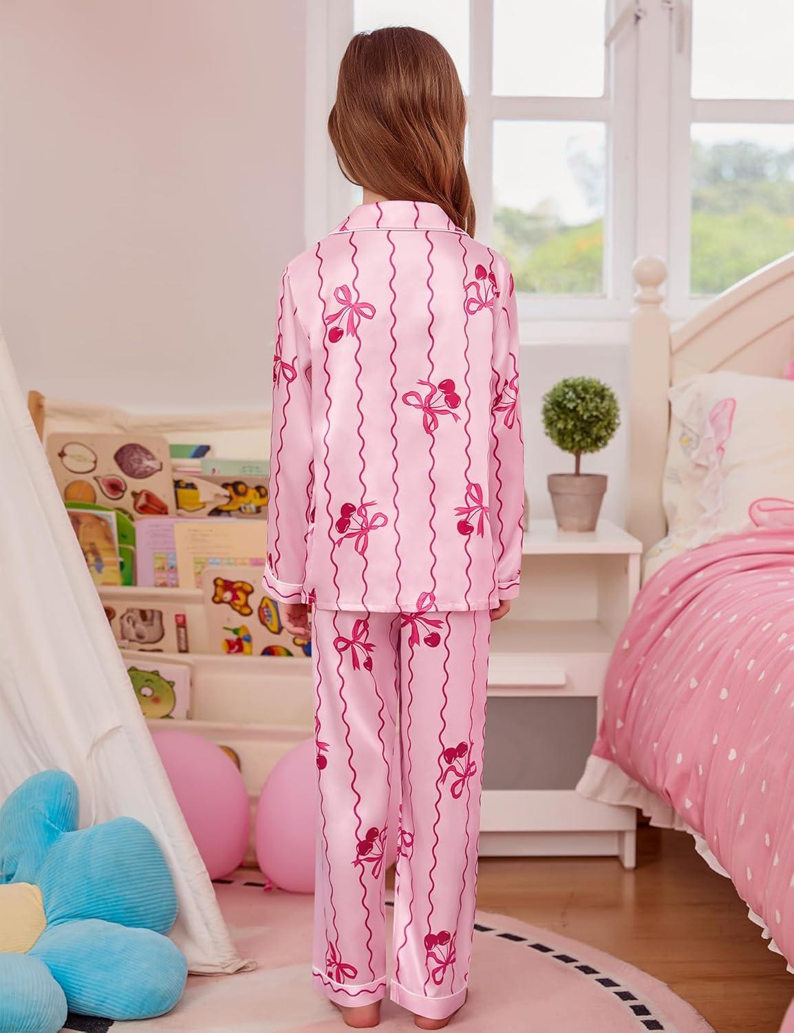 imageSWOMOG Girls Satin Pajamas Set Silk Button Down Pjs Set 2 Pieces Short Sleeve Kids Strawberry Sleepwear2pcslong Sleeve Bow