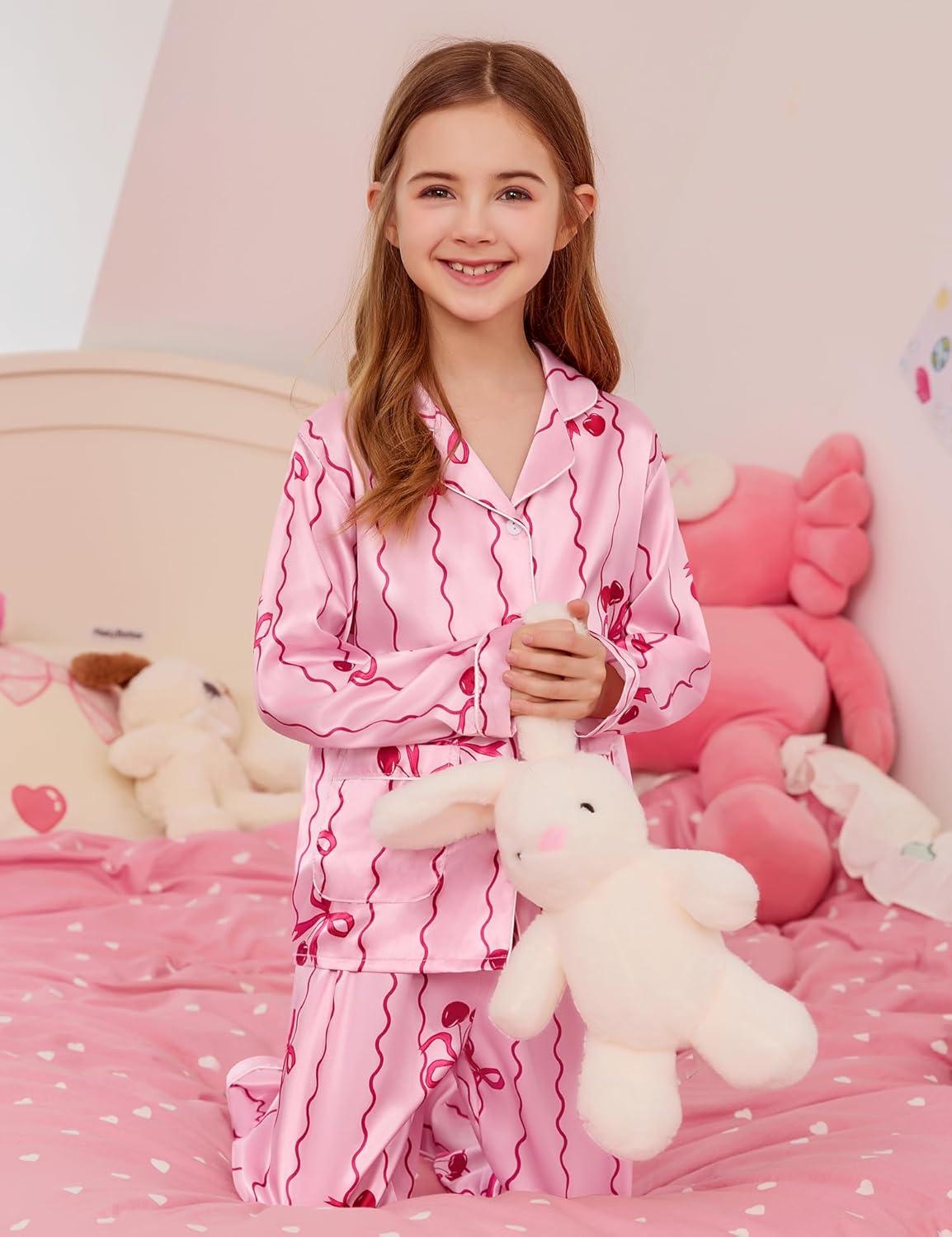 imageSWOMOG Girls Satin Pajamas Set Silk Button Down Pjs Set 2 Pieces Short Sleeve Kids Strawberry Sleepwear2pcslong Sleeve Bow