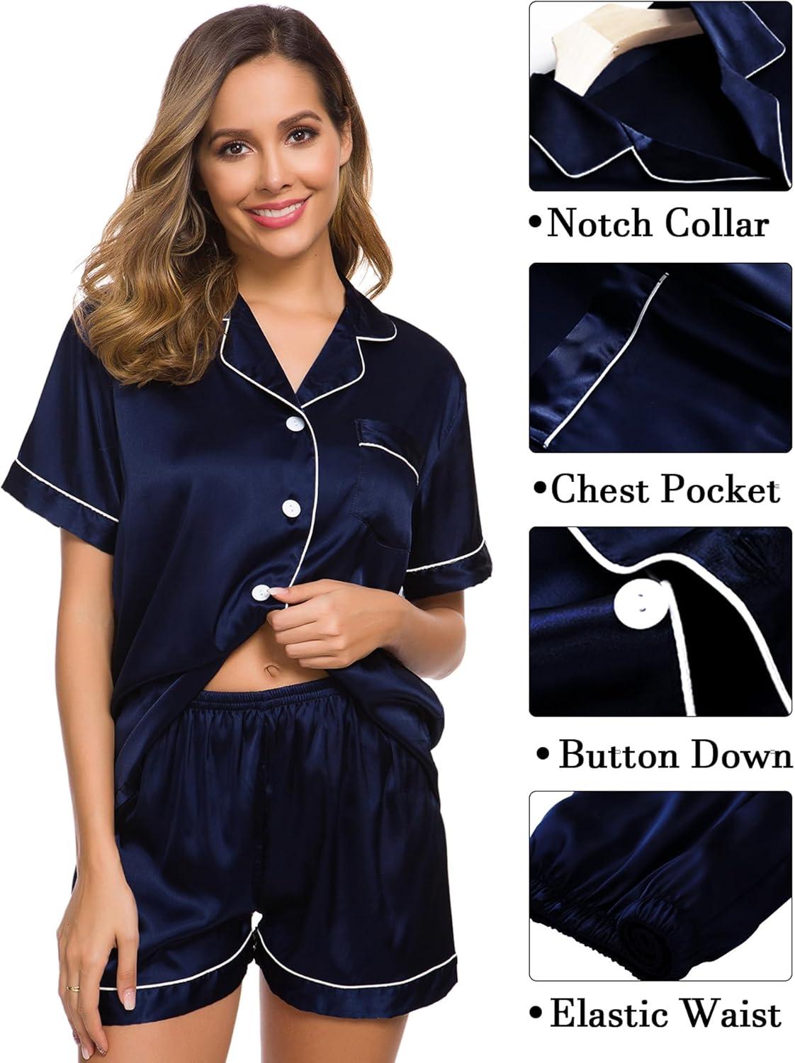 imageSWOMOG Womens Silk Satin Pajama Sets 3Pcs Button Down Pj Set Short Sleeve Sleepwear Loungewear Pjs Nightwear XSXXLDeep Navy Blue Medium