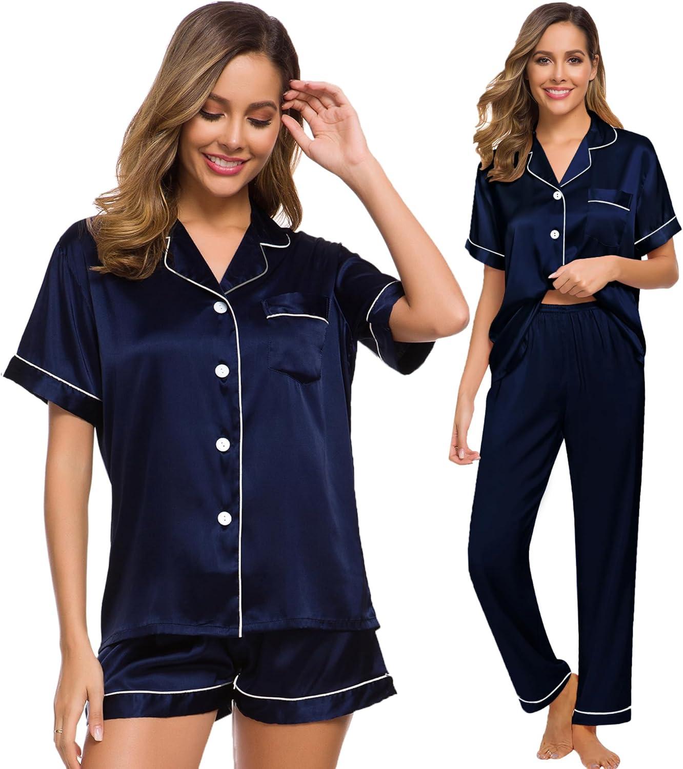 imageSWOMOG Womens Silk Satin Pajama Sets 3Pcs Button Down Pj Set Short Sleeve Sleepwear Loungewear Pjs Nightwear XSXXLDeep Navy Blue Medium