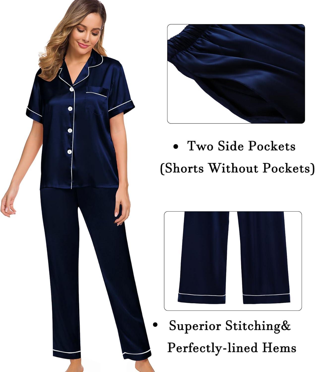 imageSWOMOG Womens Silk Satin Pajama Sets 3Pcs Button Down Pj Set Short Sleeve Sleepwear Loungewear Pjs Nightwear XSXXLDeep Navy Blue Medium