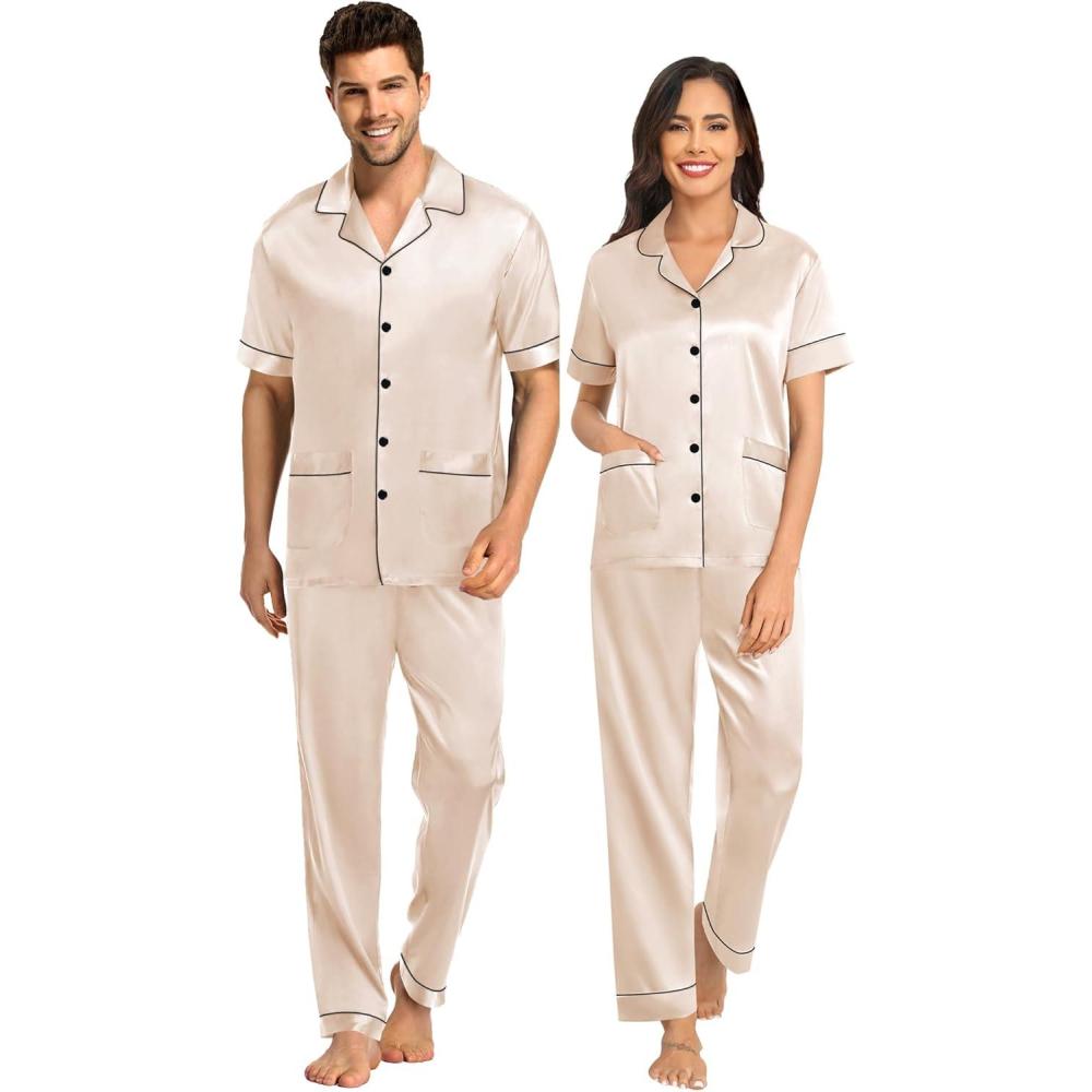 imageSWOMOG Couples Pajamas Sets Women amp Men Satin Short Sleeve Sleepwear Button Down Loungewear Pjs Set with Long PantsZ Champagne 2 Pockets