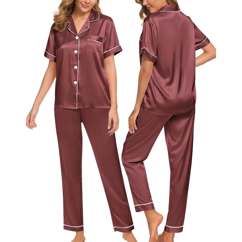 imageSWOMOG Women Satin Pajamas Set Short Sleeve Top amp Pants Sleepwear Silky Button Down Nightwear 2pcs Loungewear Pjs SetNostalgia Rose