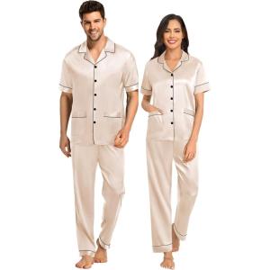 SWOMOG Couples Pajamas Sets Women & Men Satin Short Sleeve Sleepwear Button Down Loungewear Pjs Set with Long Pants(Z – Champagne – 2 Pockets)