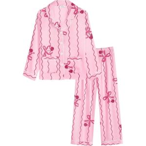SWOMOG Girls Satin Pajamas Set Silk Button Down Pjs Set 2 Pieces Short Sleeve Kids Strawberry Sleepwear(2pcs-long Sleeve Bow)