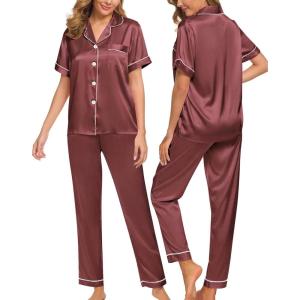 SWOMOG Women Satin Pajamas Set Short Sleeve Top & Pants Sleepwear Silky Button Down Nightwear 2pcs Loungewear Pjs Set(Nostalgia Rose)