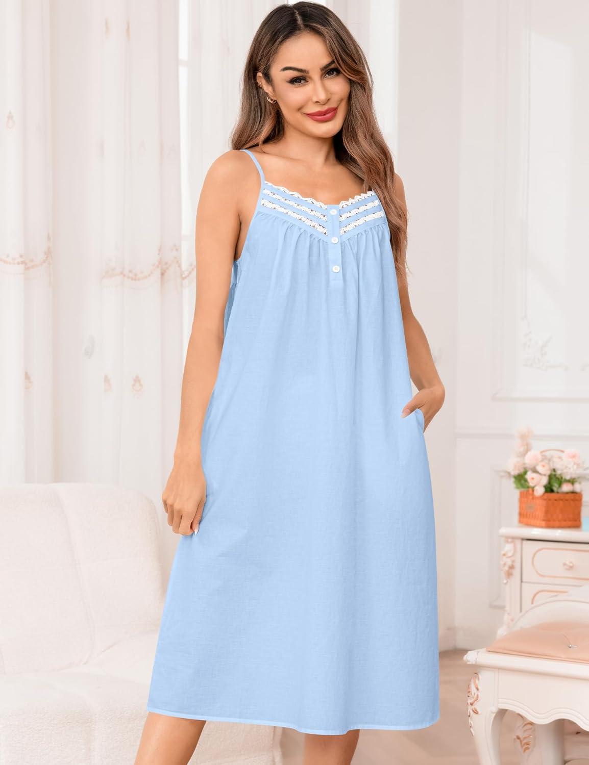 imageSWOMOG 100 Cotton Nightgowns for Women Lace Nightgown Sleeveless Sleep Dress Victorian Sleepshirt Button Strap GownBlue