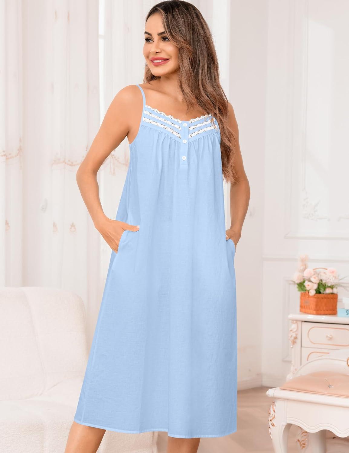 imageSWOMOG 100 Cotton Nightgowns for Women Lace Nightgown Sleeveless Sleep Dress Victorian Sleepshirt Button Strap GownBlue
