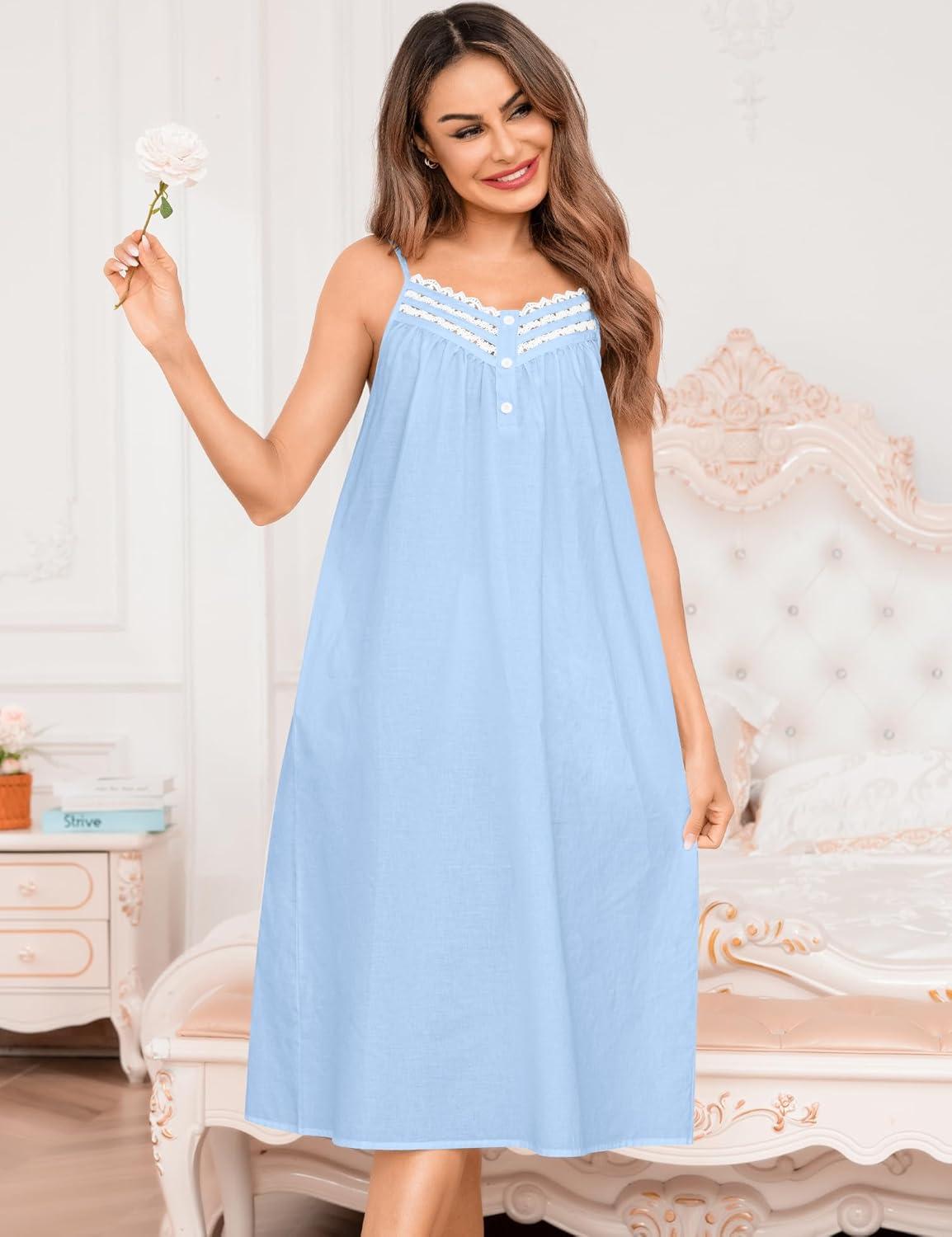 imageSWOMOG 100 Cotton Nightgowns for Women Lace Nightgown Sleeveless Sleep Dress Victorian Sleepshirt Button Strap GownBlue