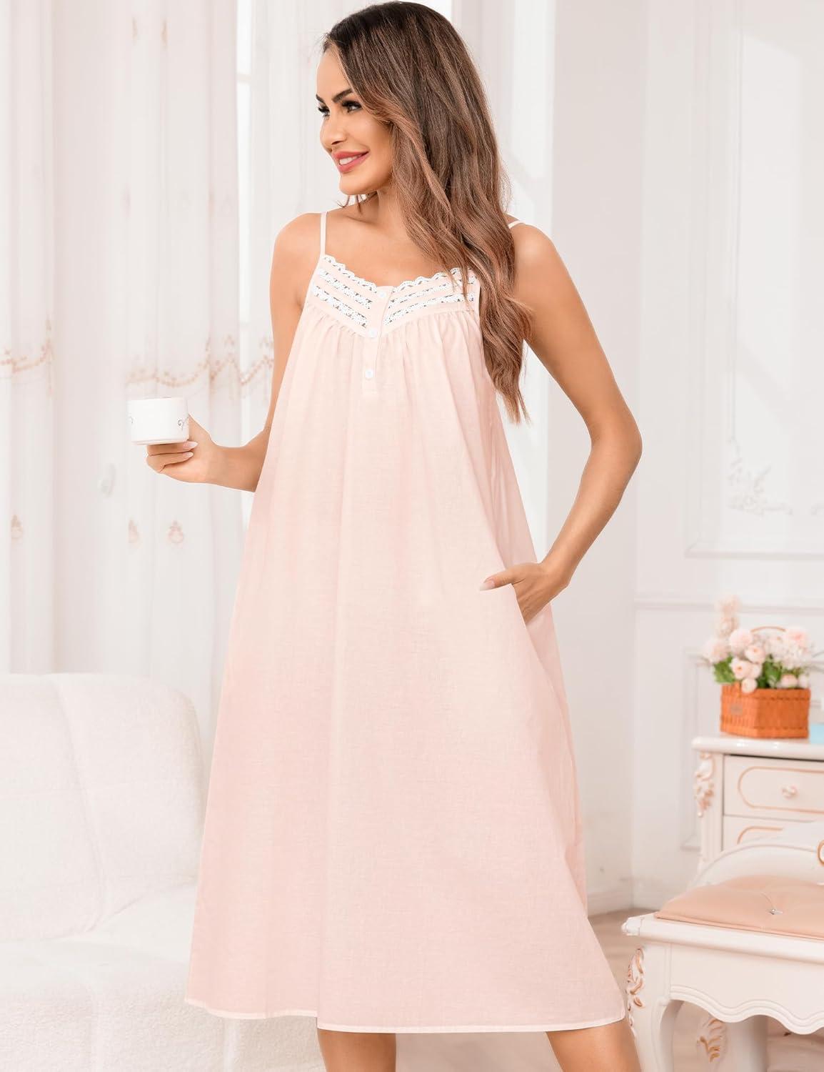 imageSWOMOG 100 Cotton Nightgowns for Women Lace Nightgown Sleeveless Sleep Dress Victorian Sleepshirt Button Strap GownLight Pink