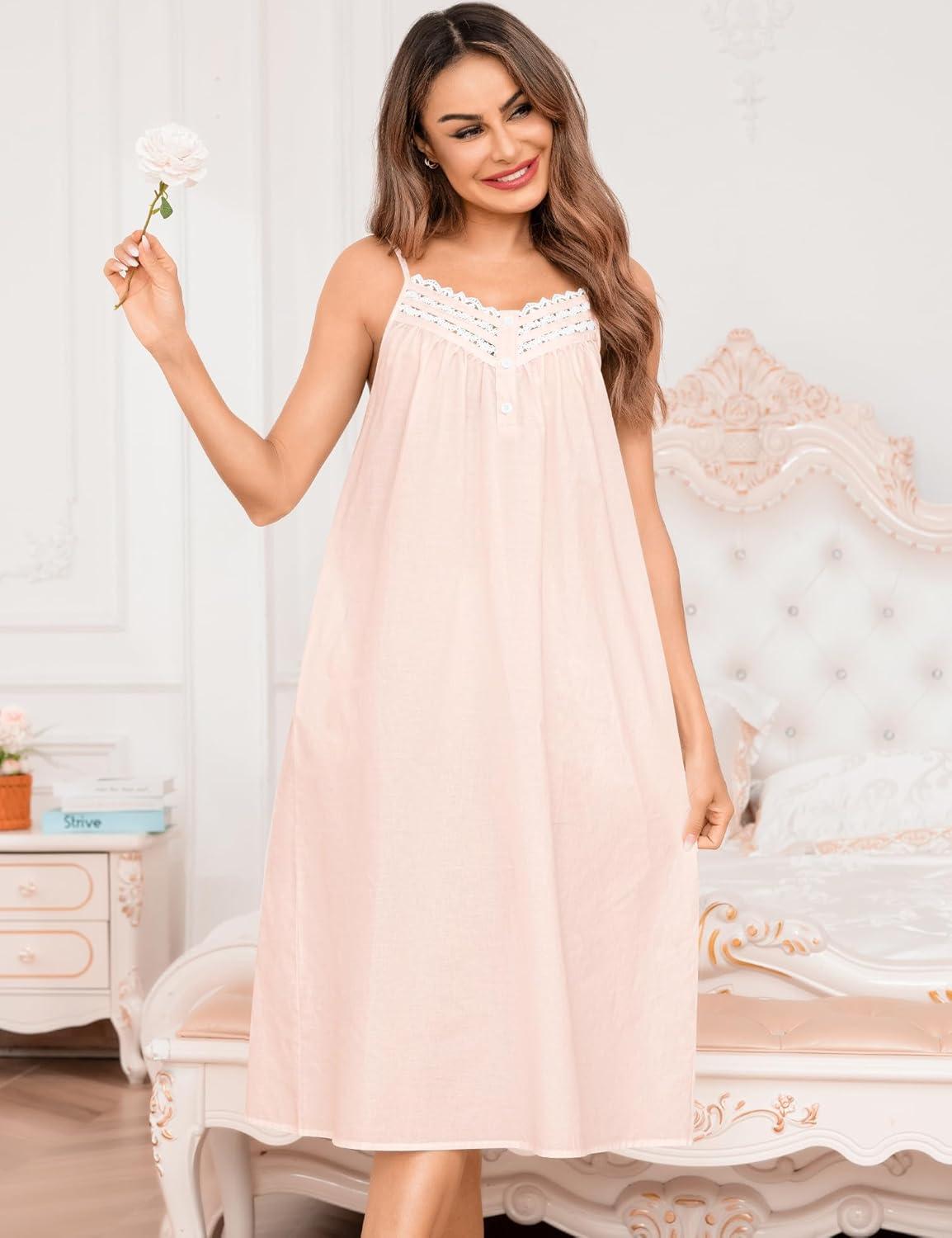 imageSWOMOG 100 Cotton Nightgowns for Women Lace Nightgown Sleeveless Sleep Dress Victorian Sleepshirt Button Strap GownLight Pink