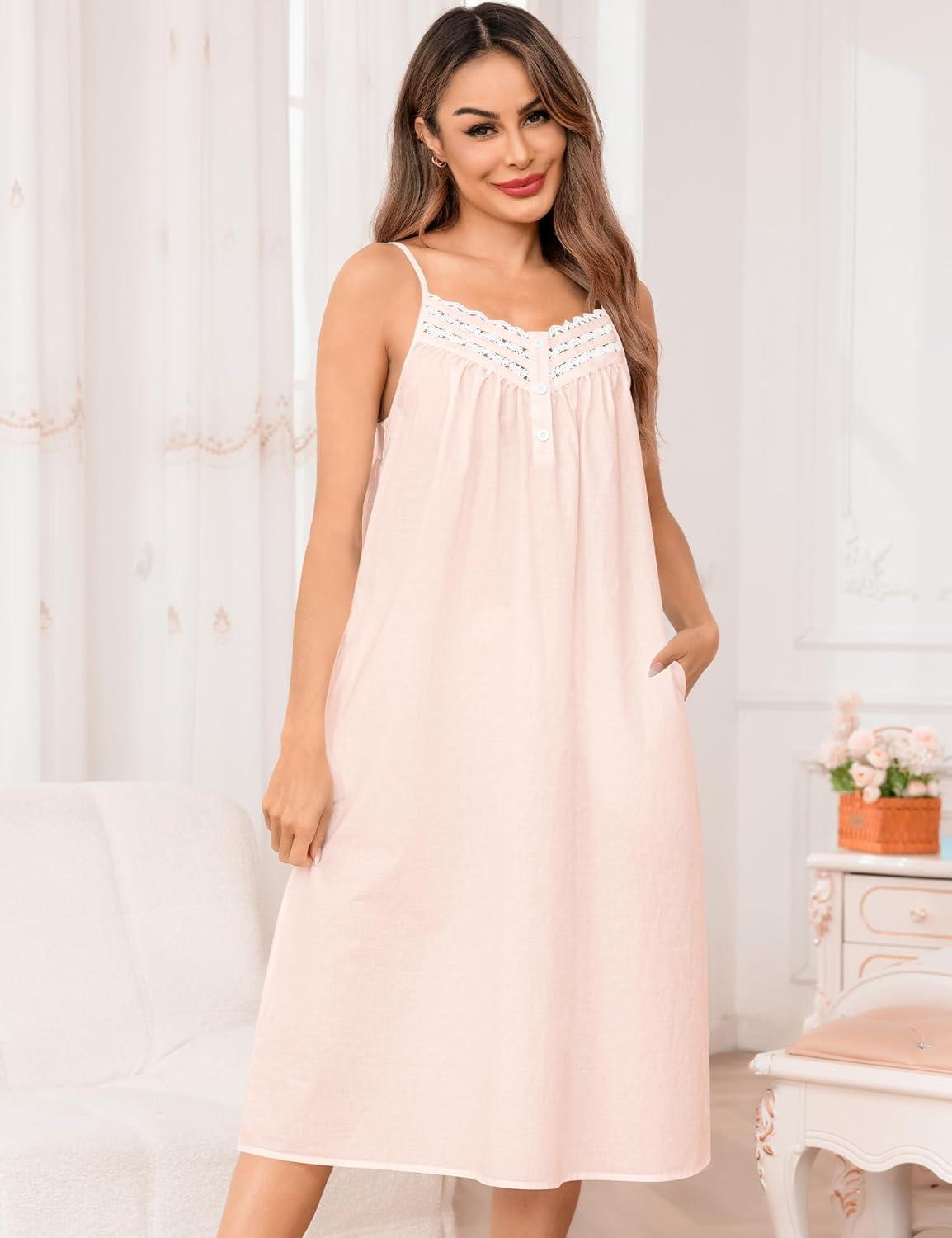 imageSWOMOG 100 Cotton Nightgowns for Women Lace Nightgown Sleeveless Sleep Dress Victorian Sleepshirt Button Strap GownLight Pink