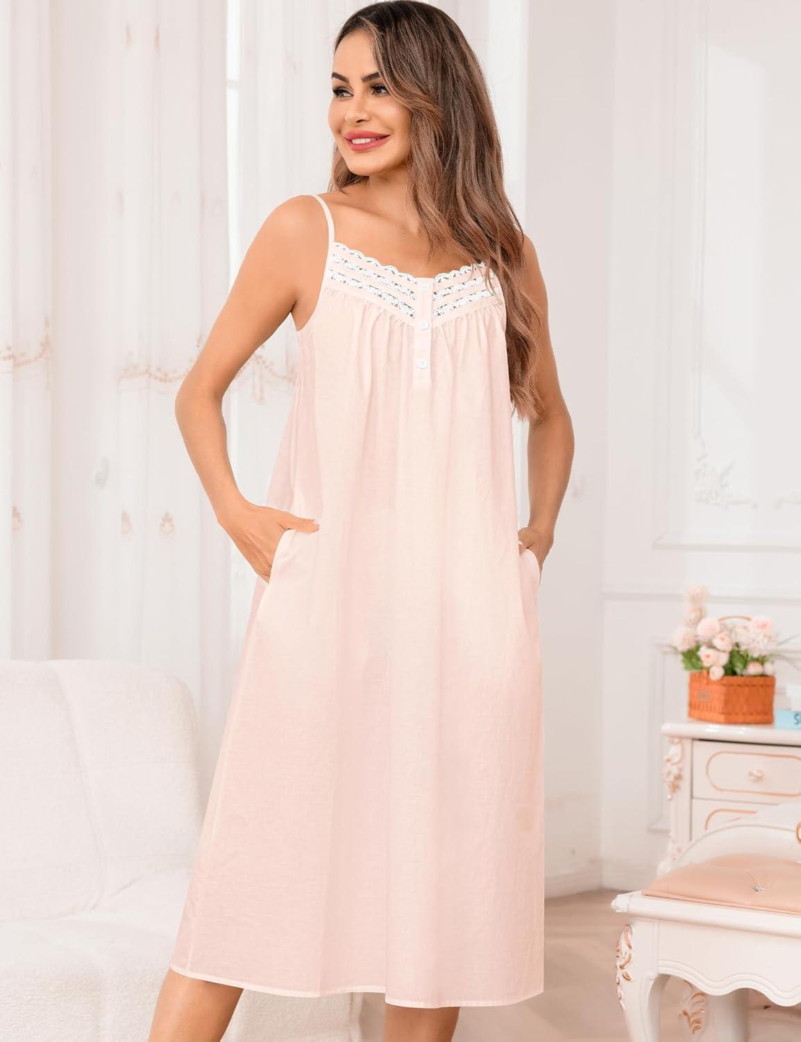 imageSWOMOG 100 Cotton Nightgowns for Women Lace Nightgown Sleeveless Sleep Dress Victorian Sleepshirt Button Strap GownLight Pink