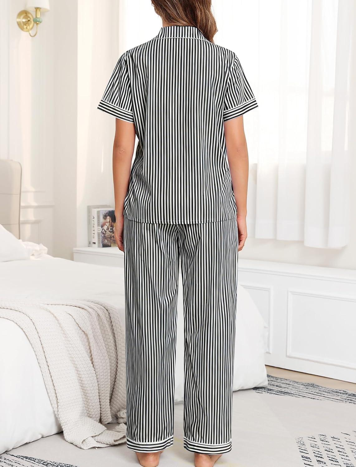 imageSWOMOG 100 Cotton Pajamas Set for Women ButtonDown Pjs Short Sleeve Tops and Pants with Pocket 2PCS Loungewear PjBlackwhite Stripes