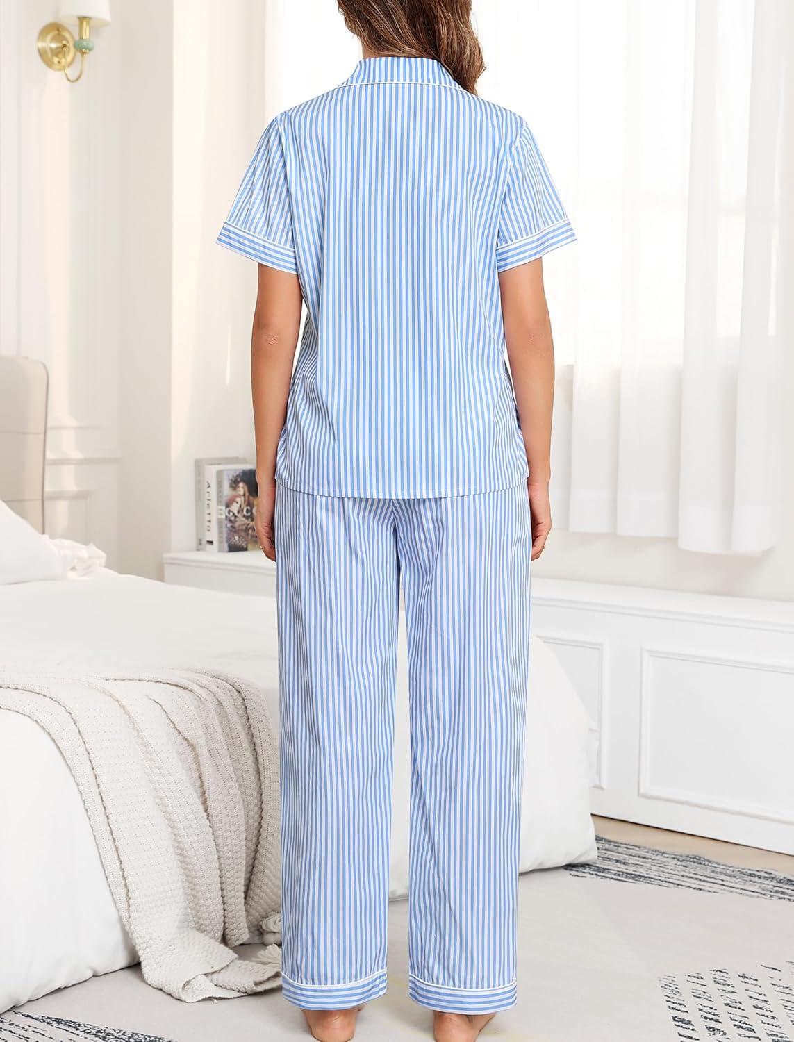 imageSWOMOG 100 Cotton Pajamas Set for Women ButtonDown Pjs Short Sleeve Tops and Pants with Pocket 2PCS Loungewear PjBluewhite Stripes