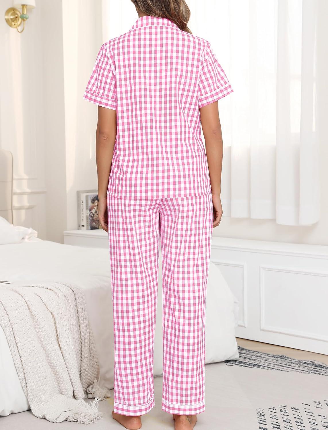 imageSWOMOG 100 Cotton Pajamas Set for Women ButtonDown Pjs Short Sleeve Tops and Pants with Pocket 2PCS Loungewear PjPinkwhite Plaid