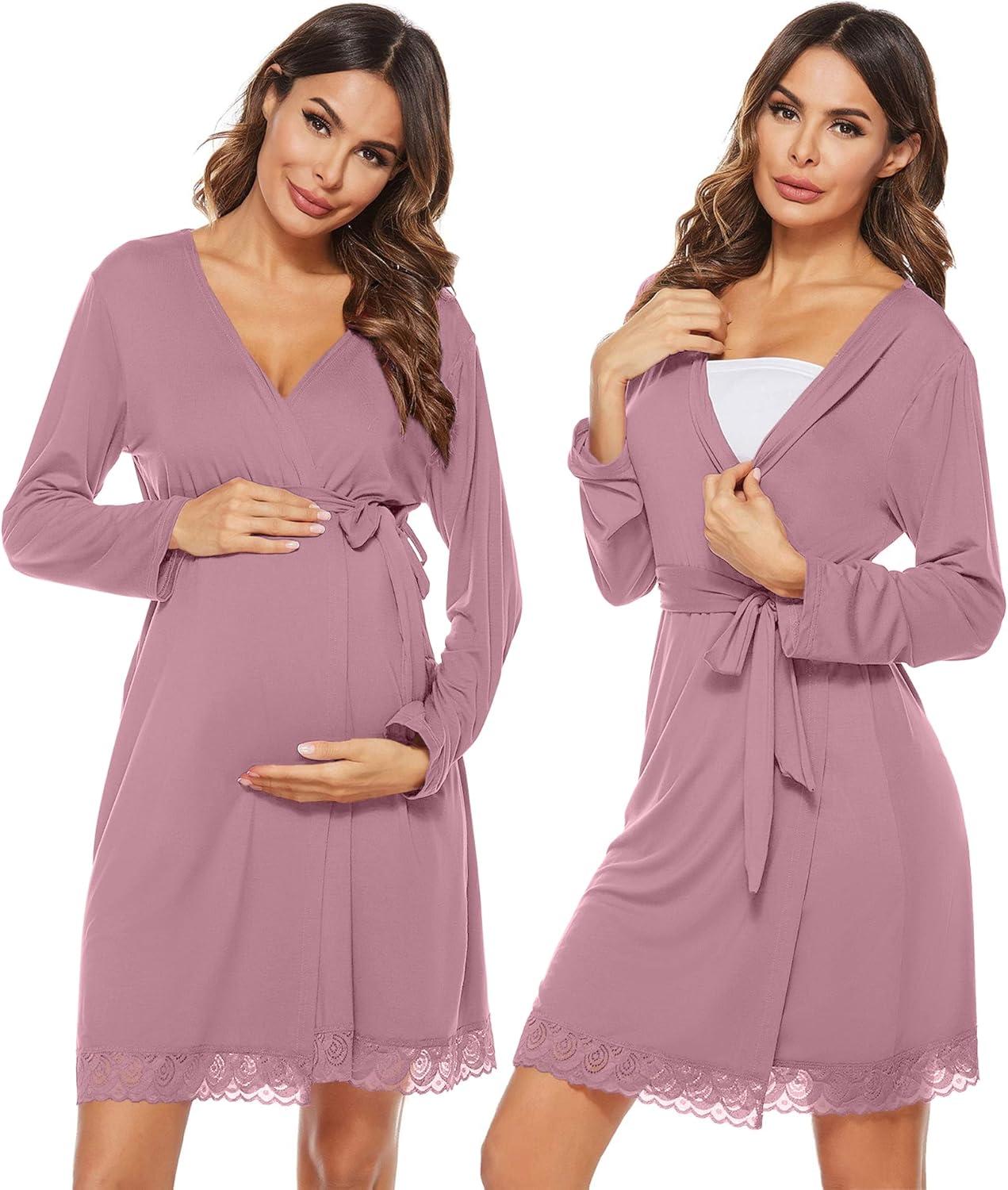 imageSWOMOG Womens Maternity Nursing Robe Pregnancy Breastfeeding Bathrobes 3 in 1 Labor Delivery NightgownsLong Sleevepaleiolet Red