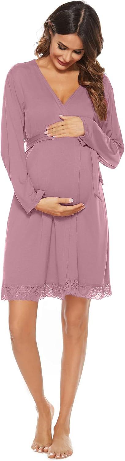 imageSWOMOG Womens Maternity Nursing Robe Pregnancy Breastfeeding Bathrobes 3 in 1 Labor Delivery NightgownsLong Sleevepaleiolet Red