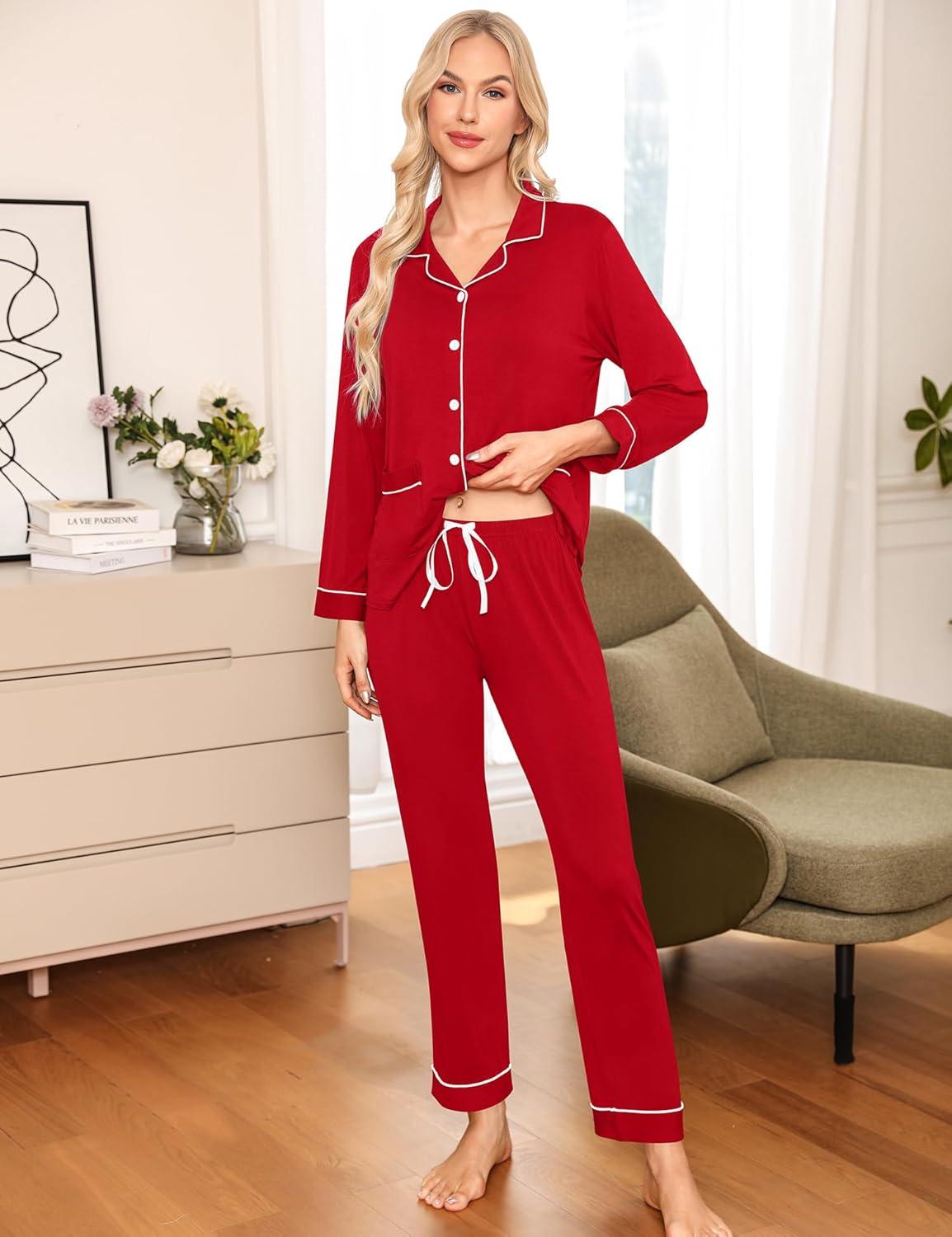 imageSWOMOG Womens Pajama Sets Long Sleeve Button Down Sleepwear Soft Pjs Lounge Sets with Pockets Navy Blue Wide PipingRedtwo Pockets