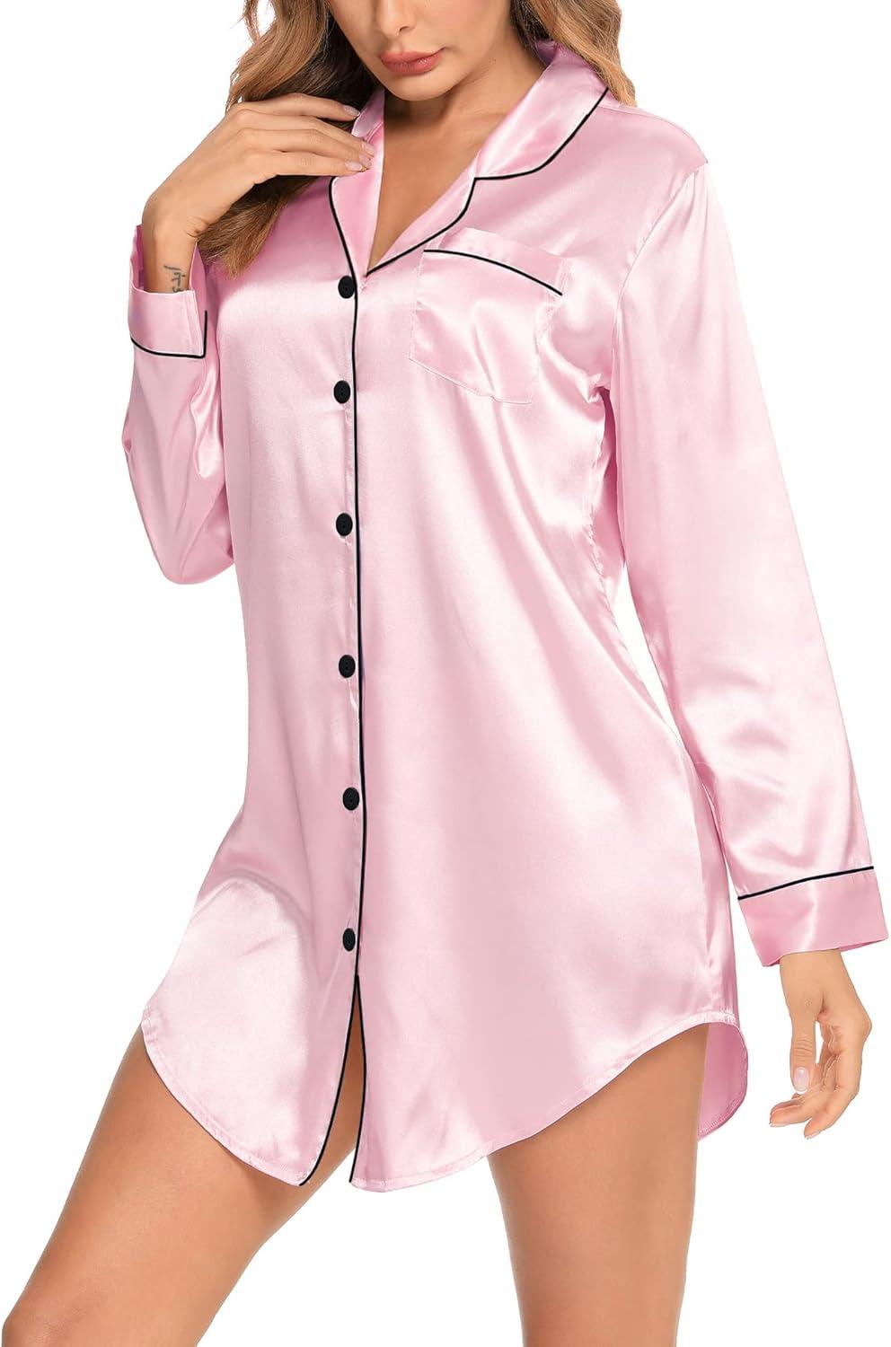 imageSWOMOG Womens Satin Sleep Shirt Long Sleeve Sleepwear Silk Nightshirt Button Down Pajama TopGpink