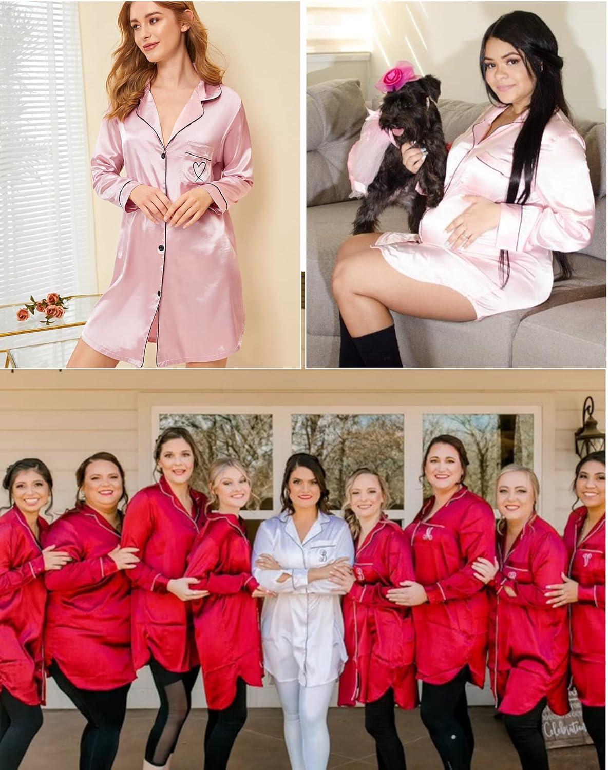 imageSWOMOG Womens Satin Sleep Shirt Long Sleeve Sleepwear Silk Nightshirt Button Down Pajama TopGpink