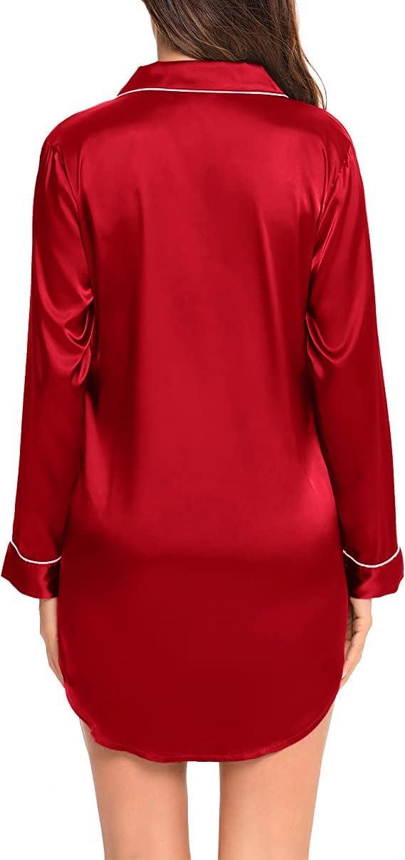 imageSWOMOG Womens Satin Sleep Shirt Long Sleeve Sleepwear Silk Nightshirt Button Down Pajama TopRed