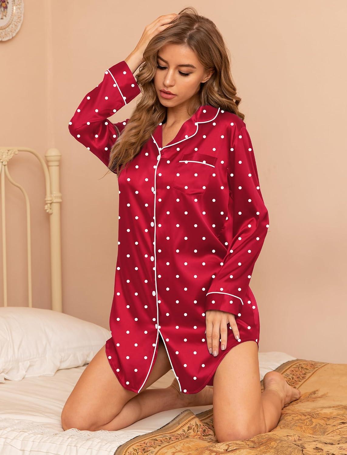 imageSWOMOG Womens Satin Sleep Shirt Long Sleeve Sleepwear Silk Nightshirt Button Down Pajama TopRed Dot