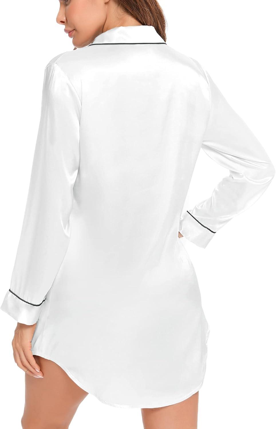imageSWOMOG Womens Satin Sleep Shirt Long Sleeve Sleepwear Silk Nightshirt Button Down Pajama TopWhite