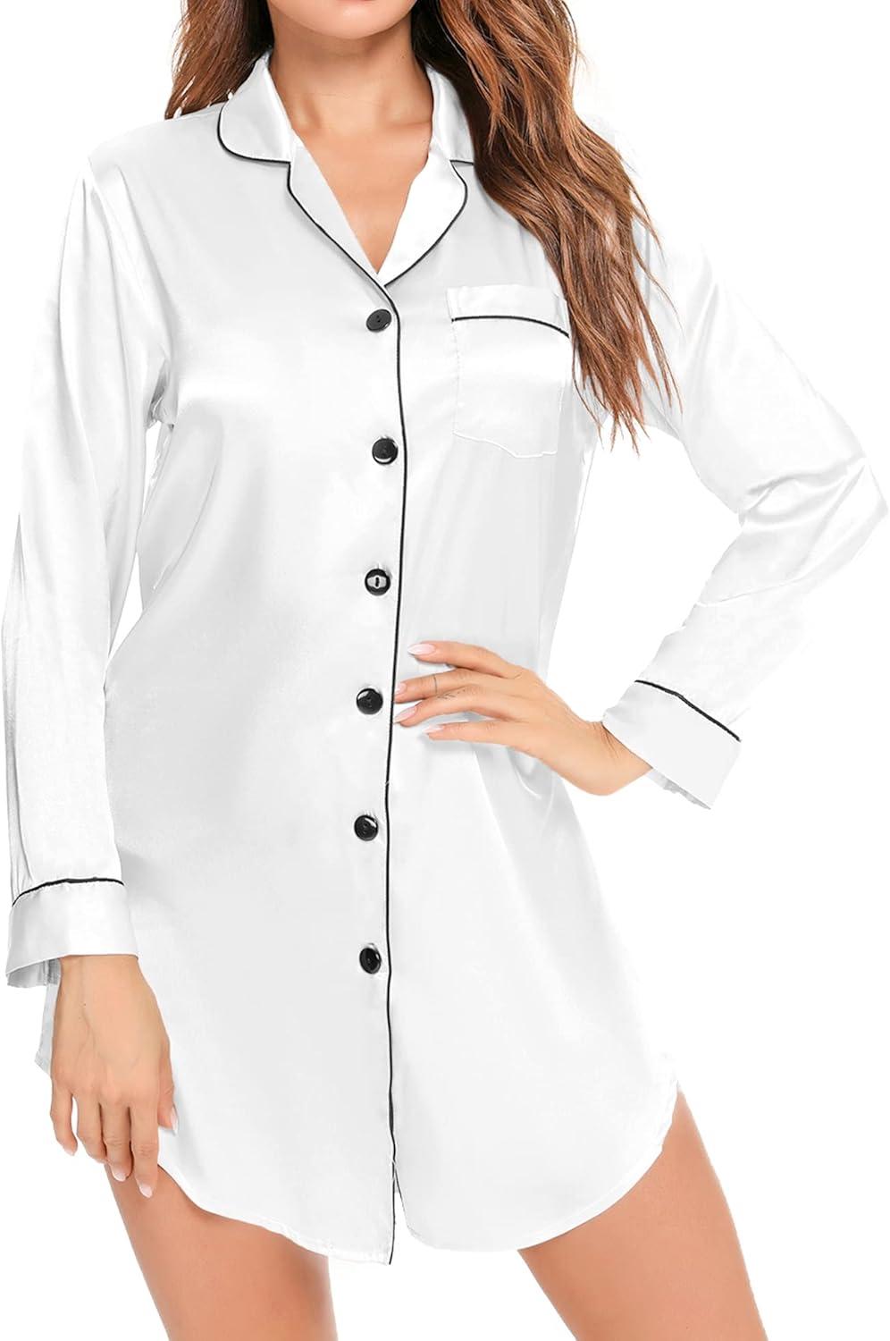 imageSWOMOG Womens Satin Sleep Shirt Long Sleeve Sleepwear Silk Nightshirt Button Down Pajama TopWhite