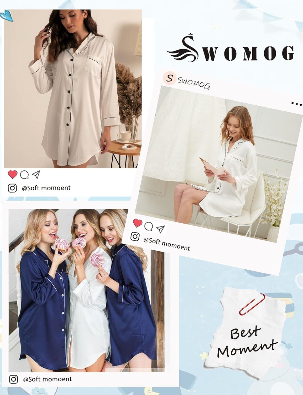 imageSWOMOG Womens Satin Sleep Shirt Long Sleeve Sleepwear Silk Nightshirt Button Down Pajama TopWhite