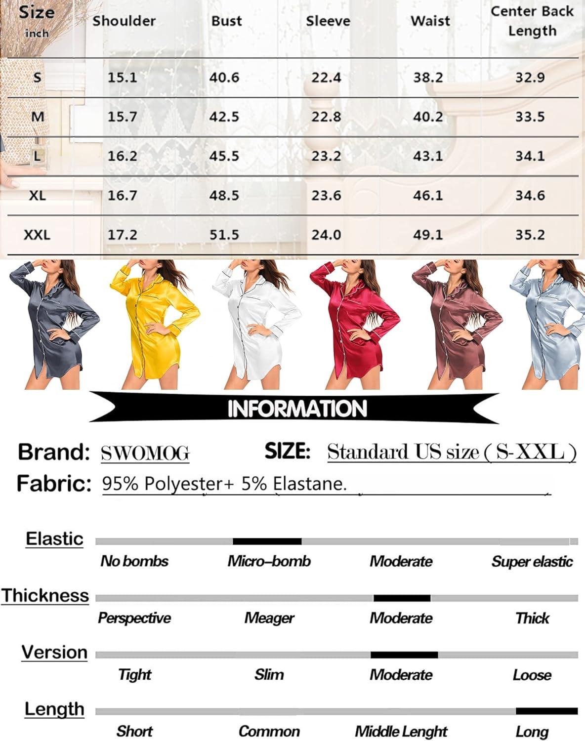 imageSWOMOG Womens Satin Sleep Shirt Long Sleeve Sleepwear Silk Nightshirt Button Down Pajama TopWineberry