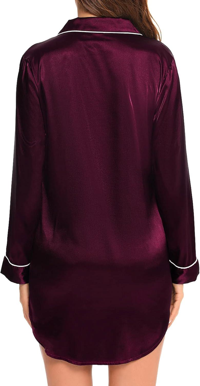 imageSWOMOG Womens Satin Sleep Shirt Long Sleeve Sleepwear Silk Nightshirt Button Down Pajama TopWineberry