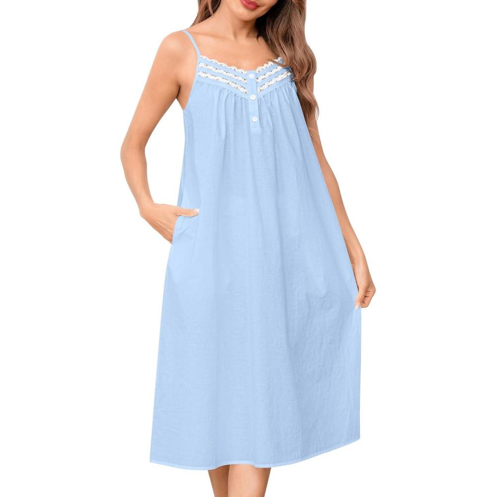 imageSWOMOG 100 Cotton Nightgowns for Women Lace Nightgown Sleeveless Sleep Dress Victorian Sleepshirt Button Strap GownBlue