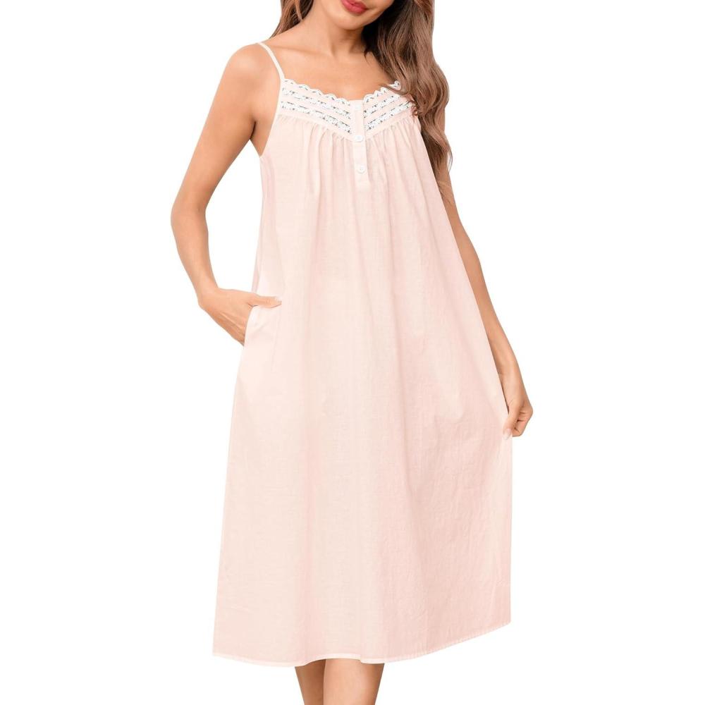 imageSWOMOG 100 Cotton Nightgowns for Women Lace Nightgown Sleeveless Sleep Dress Victorian Sleepshirt Button Strap GownLight Pink