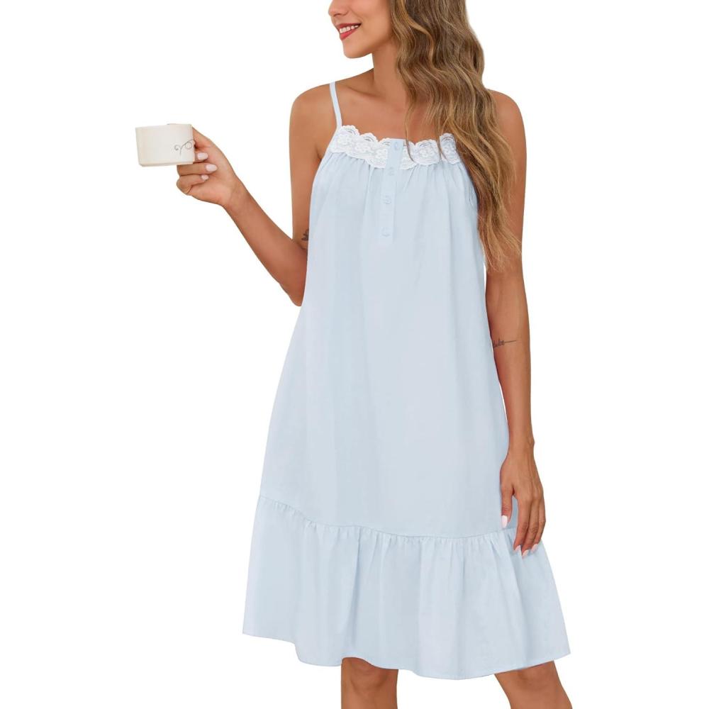 imageSWOMOG 100 Cotton Nightgowns for Women Lace Sleeveless Sleep Dress Victorian Sleepshirt Button Strap Night GownLight Blue