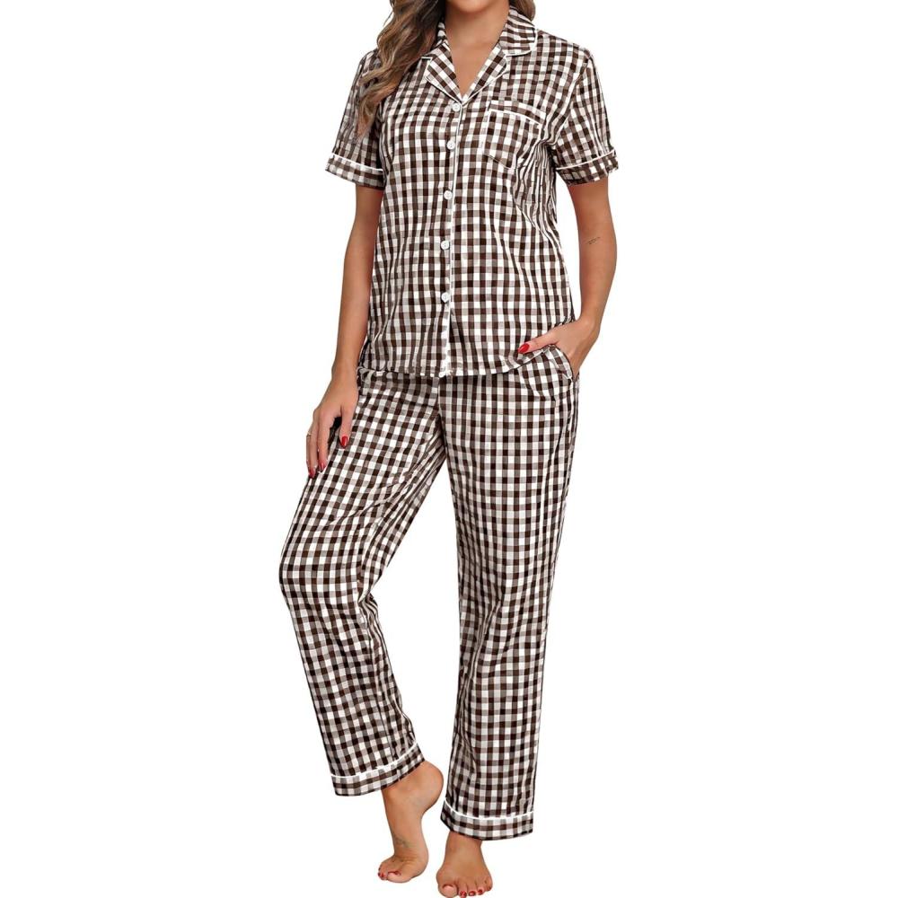imageSWOMOG 100 Cotton Pajamas Set for Women ButtonDown Pjs Short Sleeve Tops and Pants with Pocket 2PCS Loungewear PjBrownwhite Plaid