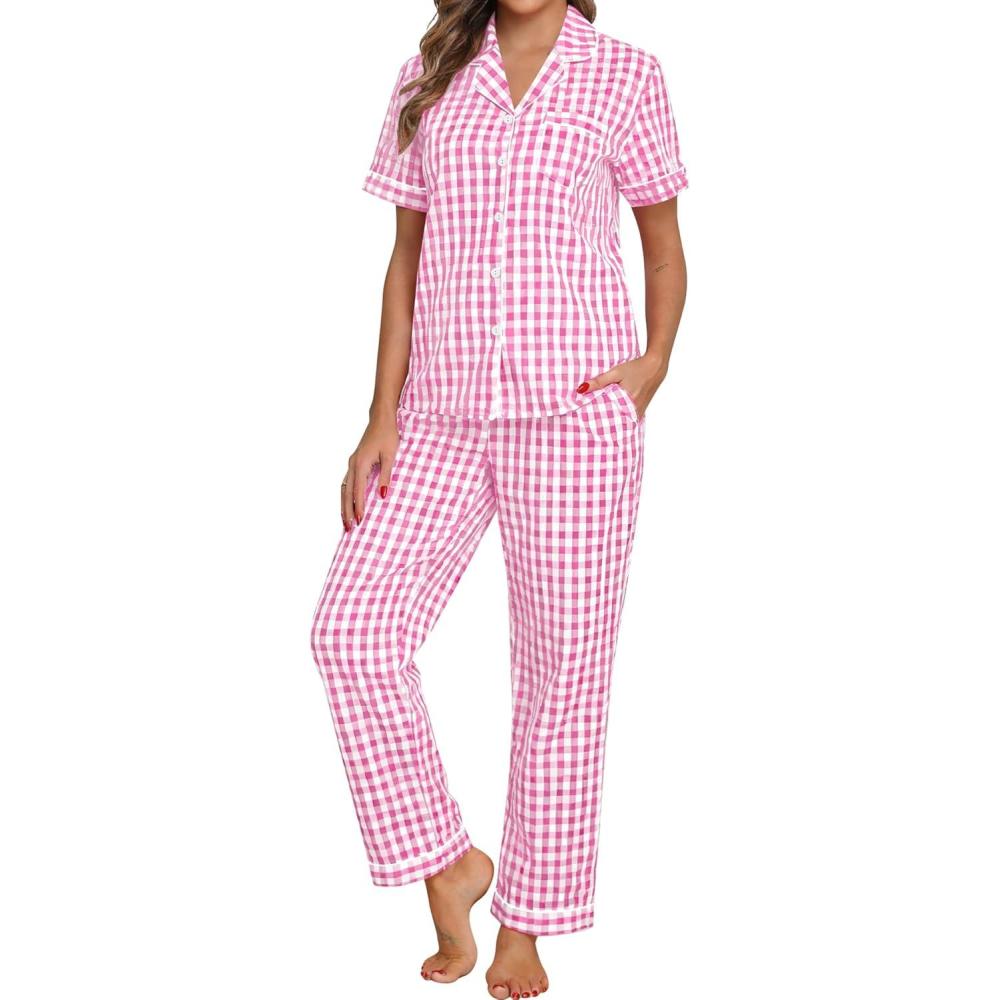 imageSWOMOG 100 Cotton Pajamas Set for Women ButtonDown Pjs Short Sleeve Tops and Pants with Pocket 2PCS Loungewear PjPinkwhite Plaid