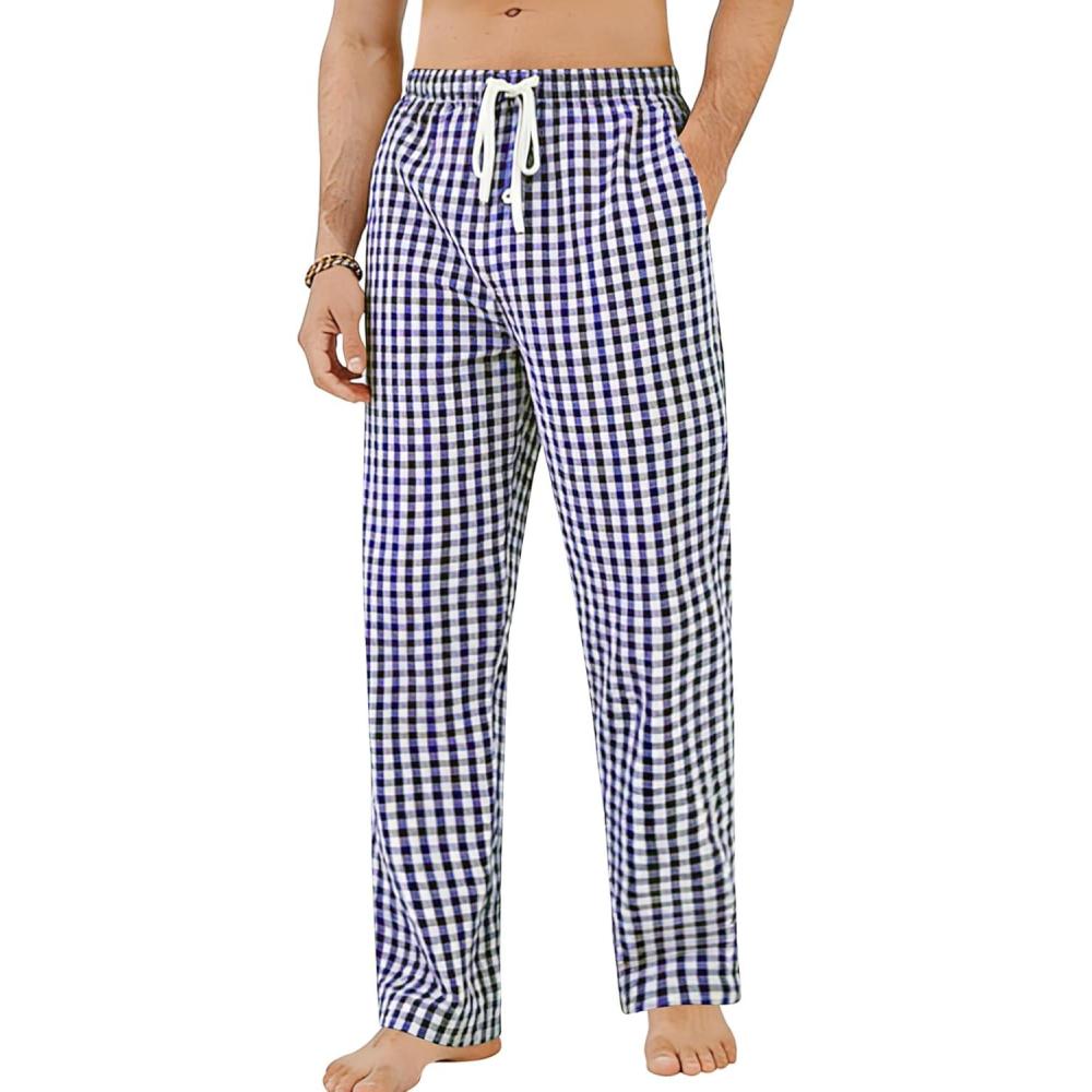 imageSWOMOG Men Cotton Pajama Pants 100 Cotton Lightweight Soft Plaid Striped Pj Trouser Bottoms Casual Lounge Pants with PocketBlue Black Gingham
