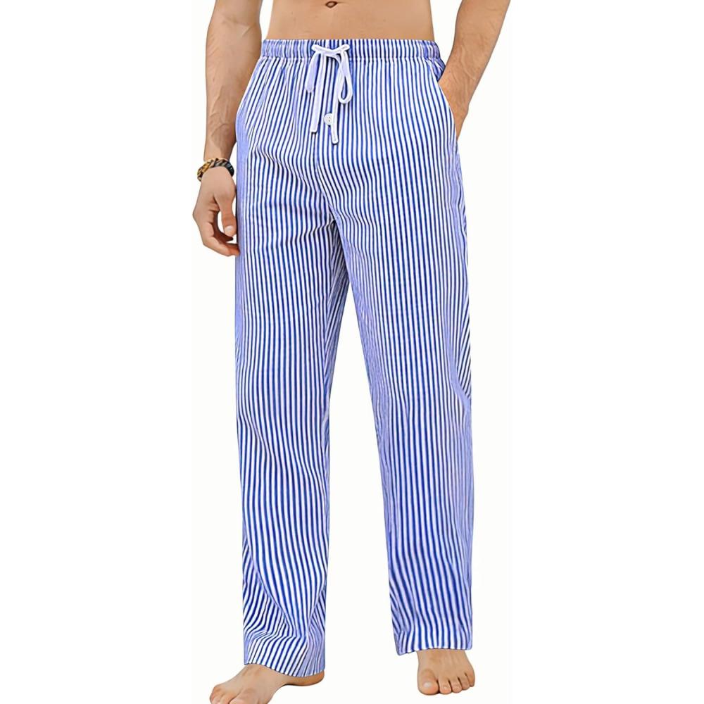 imageSWOMOG Men Cotton Pajama Pants 100 Cotton Lightweight Soft Plaid Striped Pj Trouser Bottoms Casual Lounge Pants with PocketBlue White Stripes