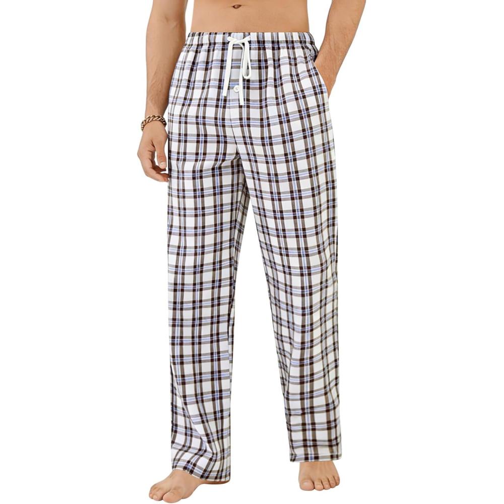 imageSWOMOG Men Cotton Pajama Pants 100 Cotton Lightweight Soft Plaid Striped Pj Trouser Bottoms Casual Lounge Pants with PocketBrown White Plaid