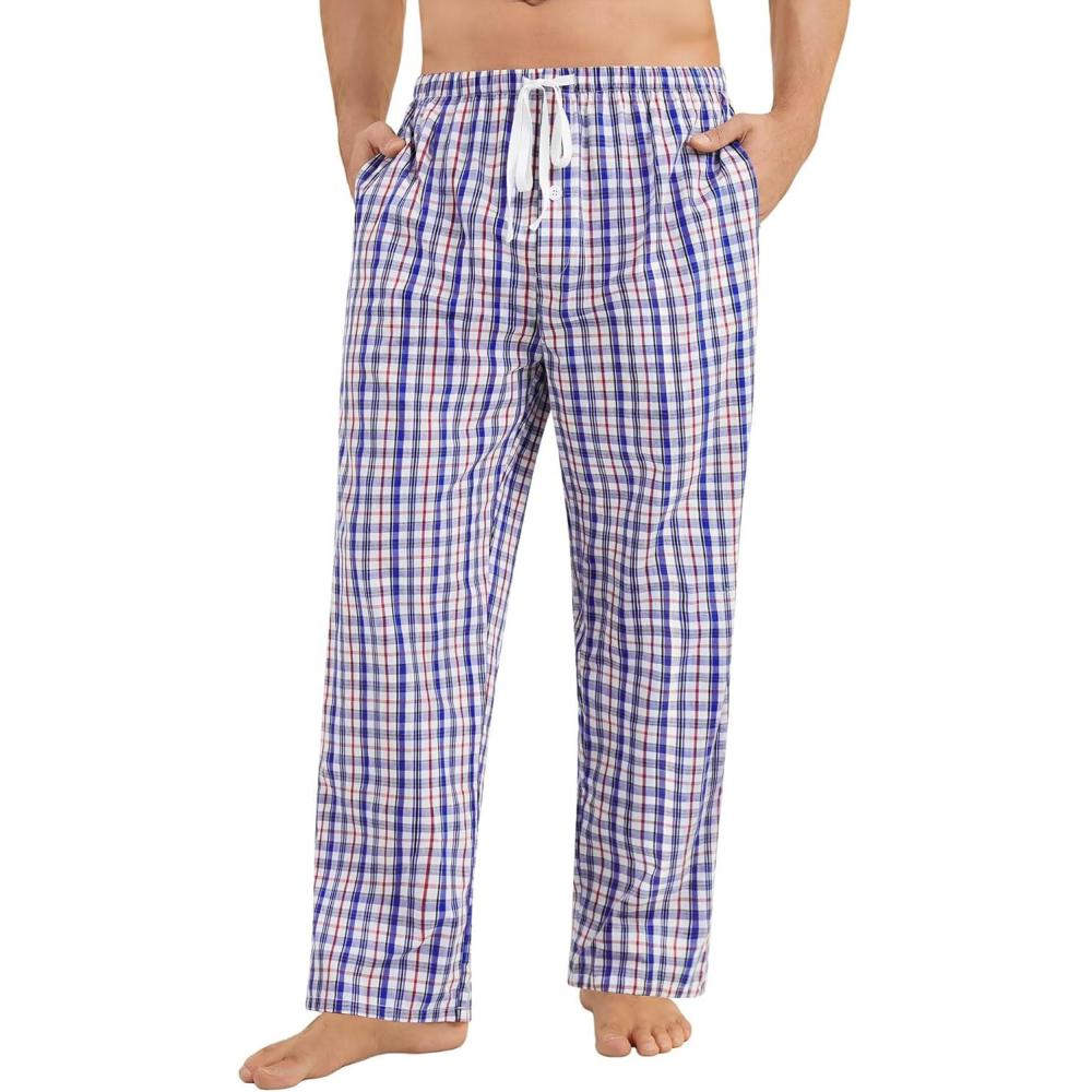 imageSWOMOG Men Cotton Pajama Pants 100 Cotton Lightweight Soft Plaid Striped Pj Trouser Bottoms Casual Lounge Pants with PocketRed Blue Plaid
