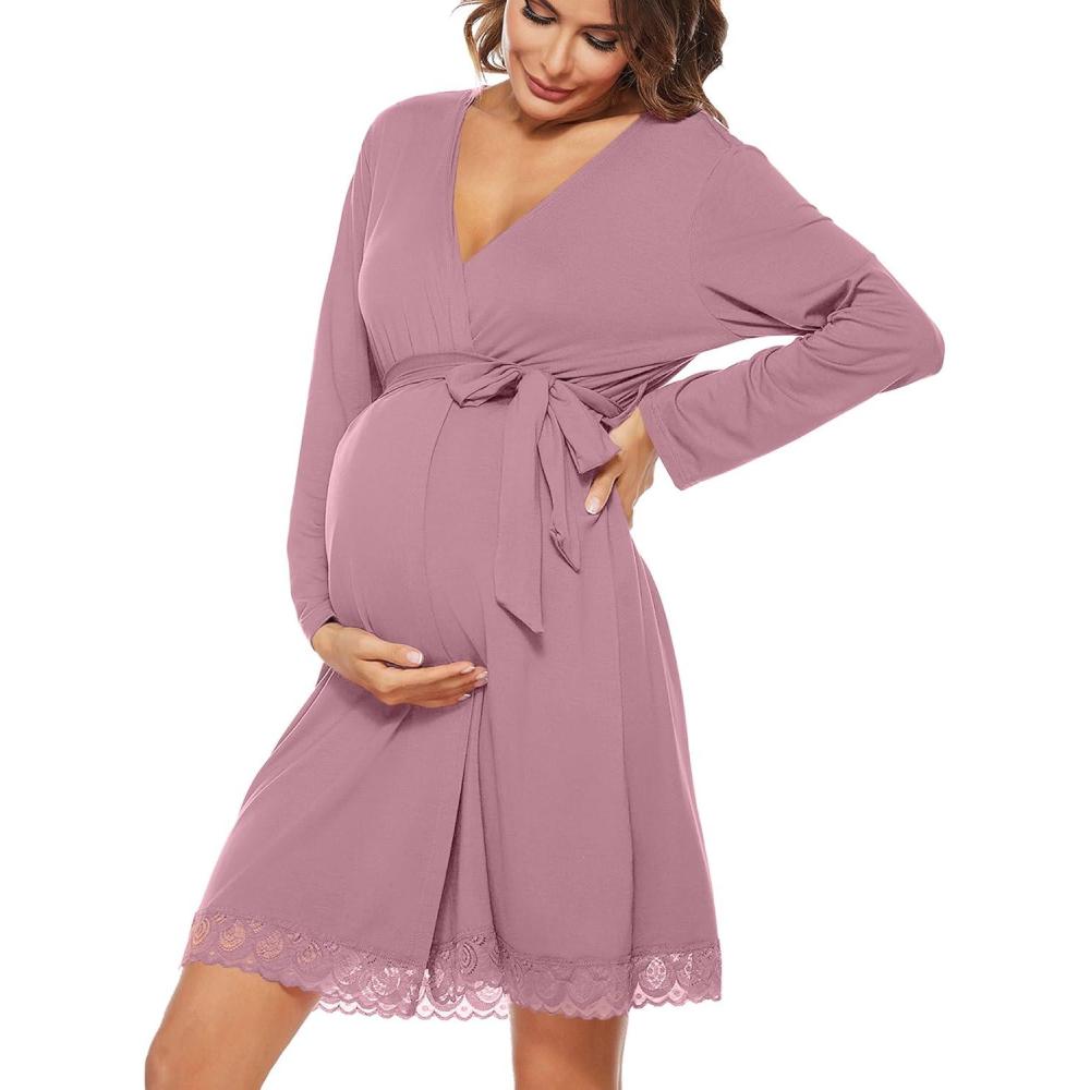 imageSWOMOG Womens Maternity Nursing Robe Pregnancy Breastfeeding Bathrobes 3 in 1 Labor Delivery NightgownsLong Sleevepaleiolet Red