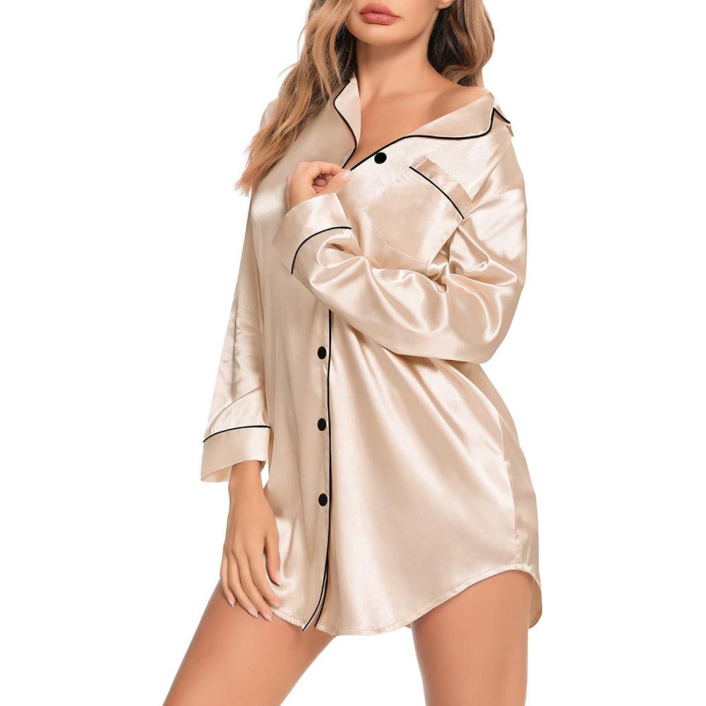 imageSWOMOG Womens Satin Sleep Shirt Long Sleeve Sleepwear Silk Nightshirt Button Down Pajama TopChampagne