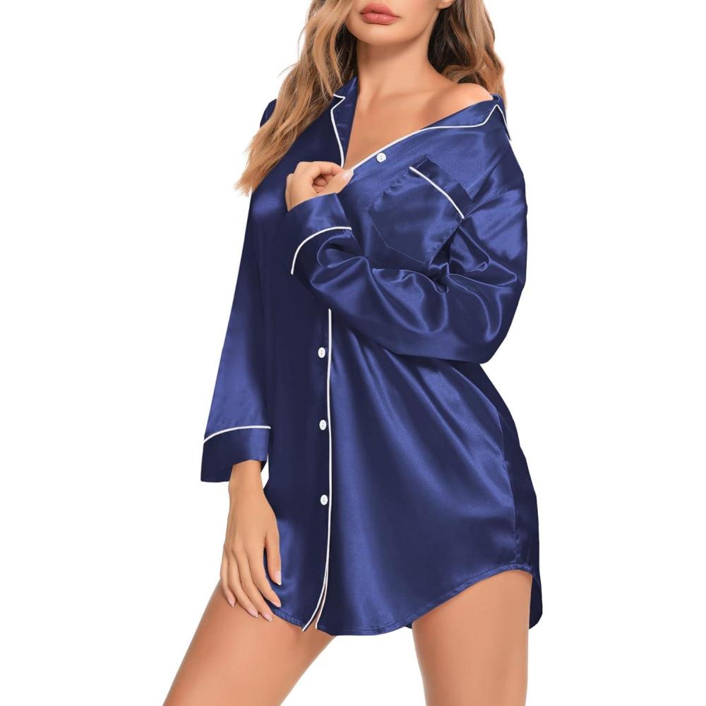 imageSWOMOG Womens Satin Sleep Shirt Long Sleeve Sleepwear Silk Nightshirt Button Down Pajama TopNavy Blue