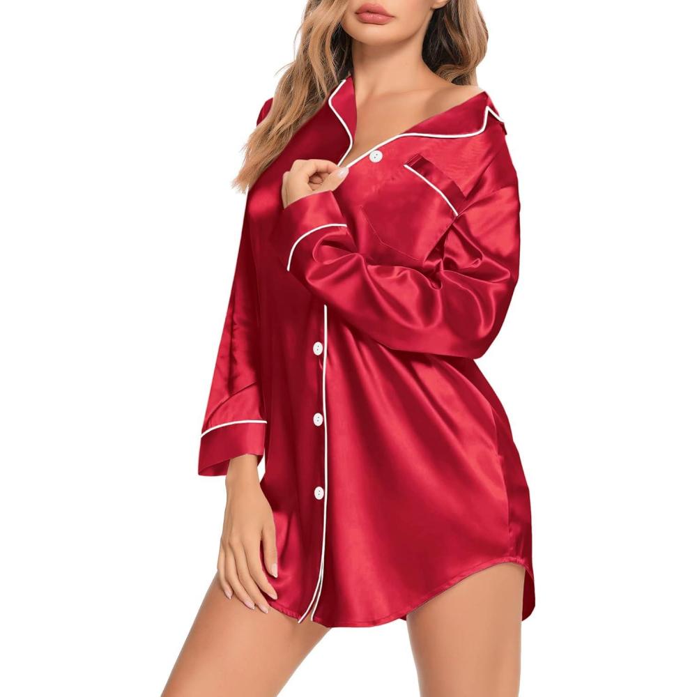 imageSWOMOG Womens Satin Sleep Shirt Long Sleeve Sleepwear Silk Nightshirt Button Down Pajama TopRed