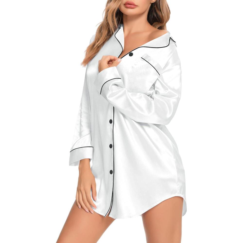imageSWOMOG Womens Satin Sleep Shirt Long Sleeve Sleepwear Silk Nightshirt Button Down Pajama TopWhite